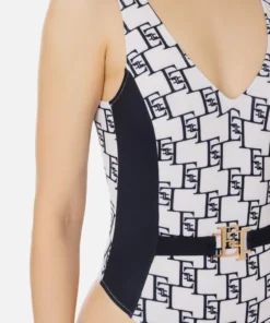 Maillot de bain une pièce en lycra imprimé logo avec large bande