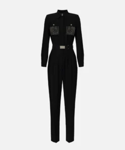 Combinaison en crêpe avec poches brodées