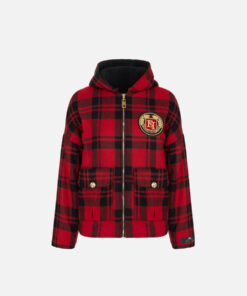 Blouson en laine tartan rembourré avec capuche et patch brodé